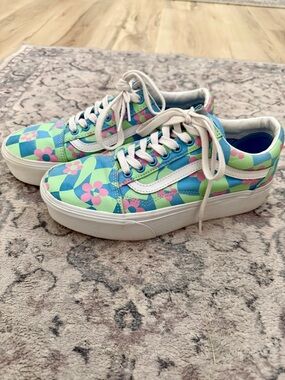 Vans Floral Checkerboard Platform Sneakers in Blue, Green & Pink
